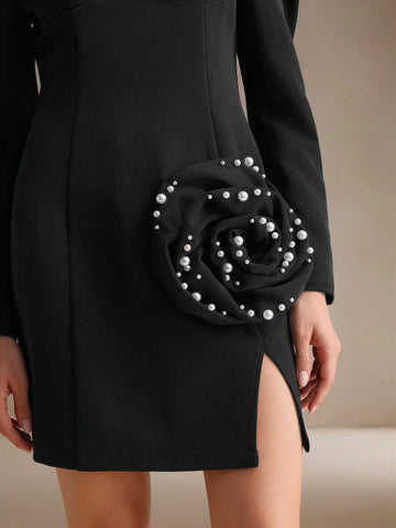 Anewsta U-Neck Short Black Dress With Floral Pattern, Long Sleeve, Waisted, For Women, Autumn