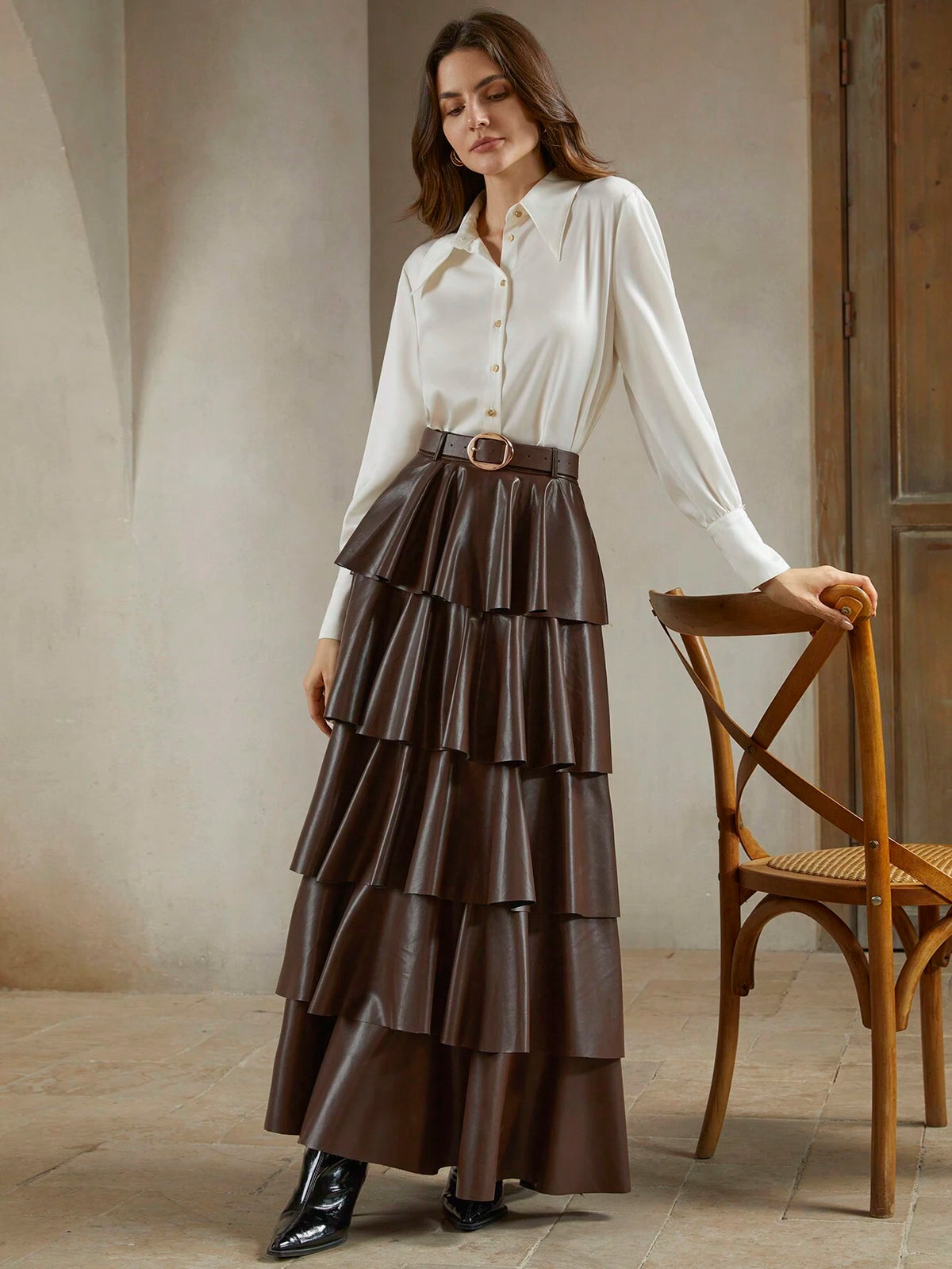 Anewsta Urban Chic PU Leather Multi-Layer Cake Skirt Waist Belt Skirt For Women, Fall/Winter
