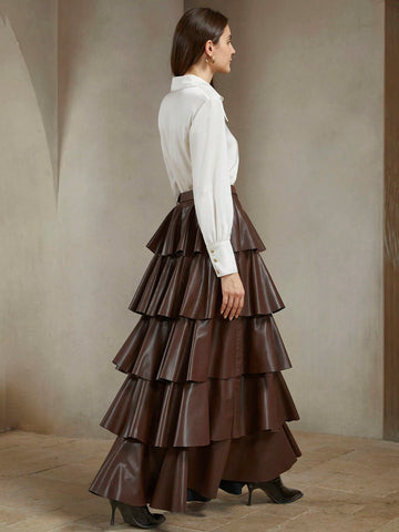 Anewsta Urban Chic PU Leather Multi-Layer Cake Skirt Waist Belt Skirt For Women, Fall/Winter