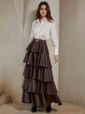 Anewsta Urban Chic PU Leather Multi-Layer Cake Skirt Waist Belt Skirt For Women, Fall/Winter