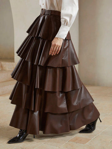 Anewsta Urban Chic PU Leather Multi-Layer Cake Skirt Waist Belt Skirt For Women, Fall/Winter