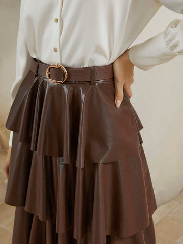 Anewsta Urban Chic PU Leather Multi-Layer Cake Skirt Waist Belt Skirt For Women, Fall/Winter