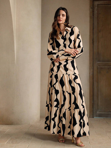 Anewsta Urban Style Color Block Geometric Print Casual Long Sleeve Shirt