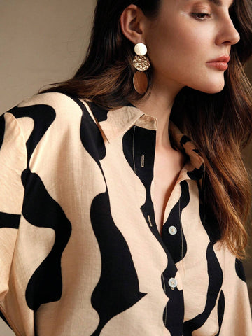 Anewsta Urban Style Color Block Geometric Print Casual Long Sleeve Shirt