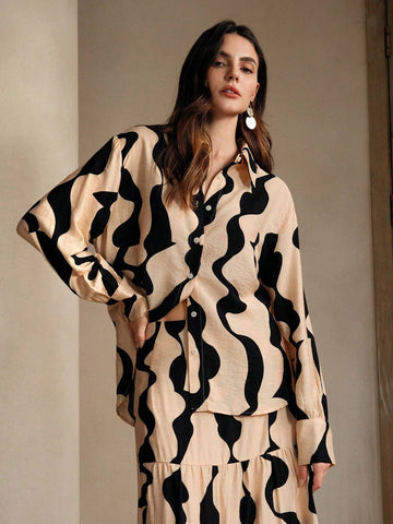 Anewsta Urban Style Color Block Geometric Print Casual Long Sleeve Shirt