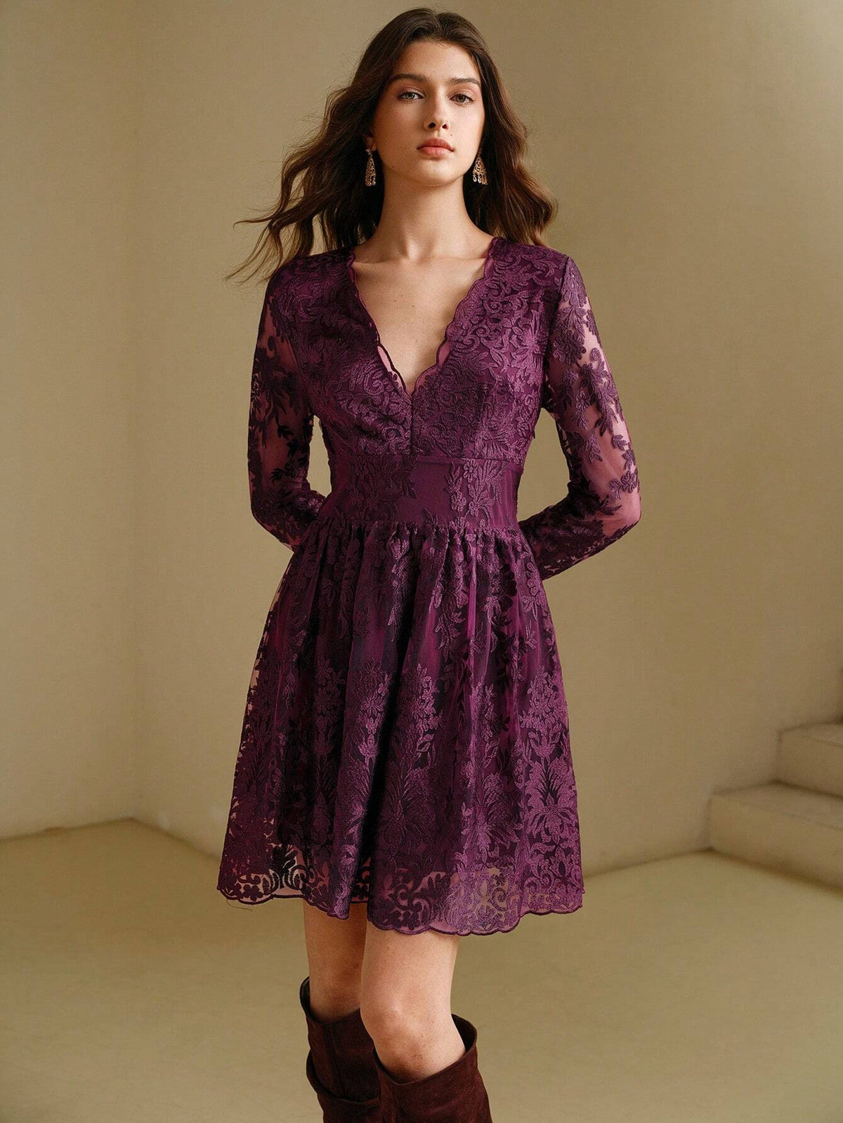 Anewsta V-Neck Lace Trim Long Sleeve Waist Cinching Elegant Dress
