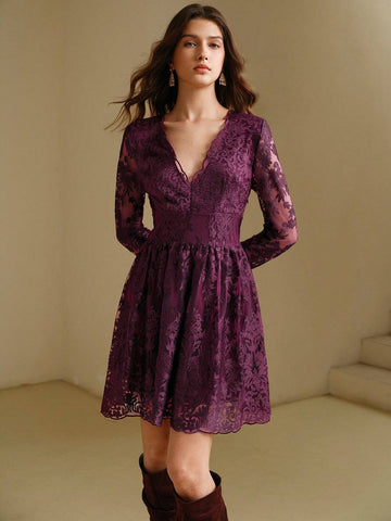 Anewsta V-Neck Lace Trim Long Sleeve Waist Cinching Elegant Dress