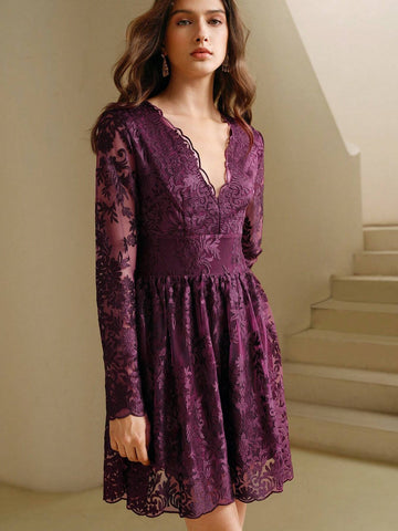 Anewsta V-Neck Lace Trim Long Sleeve Waist Cinching Elegant Dress