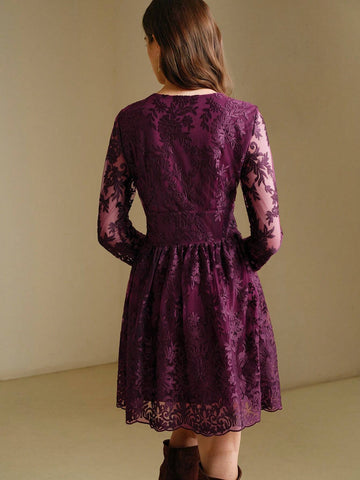 Anewsta V-Neck Lace Trim Long Sleeve Waist Cinching Elegant Dress