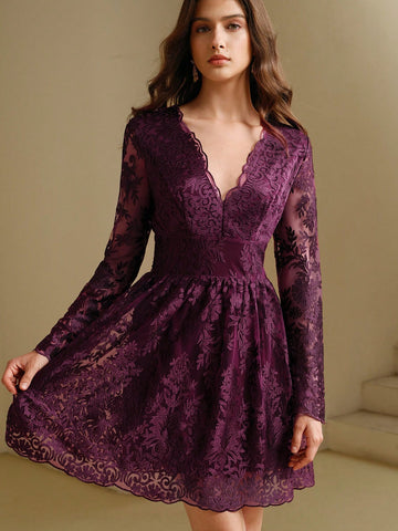 Anewsta V-Neck Lace Trim Long Sleeve Waist Cinching Elegant Dress
