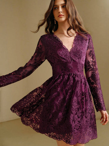 Anewsta V-Neck Lace Trim Long Sleeve Waist Cinching Elegant Dress