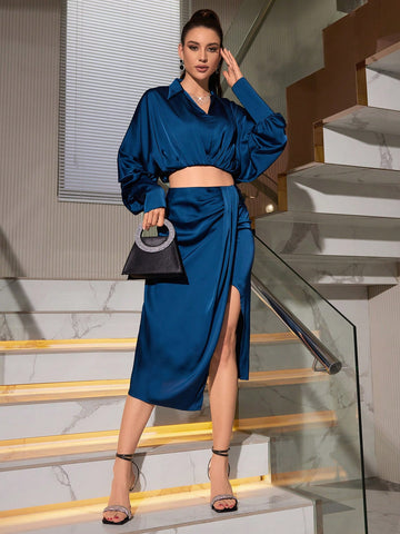 Anewsta V-Neck Lantern Sleeve Cropped Top And High Slit Midi Skirt Two Piece Set