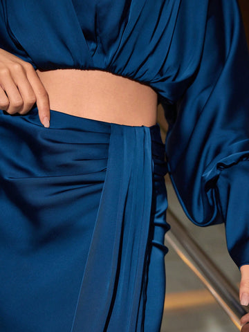 Anewsta V-Neck Lantern Sleeve Cropped Top And High Slit Midi Skirt Two Piece Set