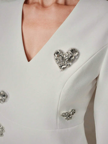 Anewsta V-Neck White Luxury French Style Rhinestone Heart Decor Long Sleeve A-Line Mini Dress, Fitted & Flattering, Short Cocktail Party Dress