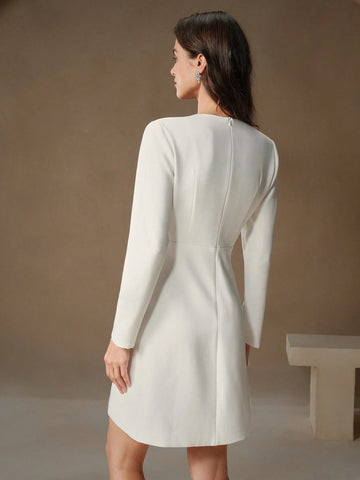 Anewsta V-Neck White Luxury French Style Rhinestone Heart Decor Long Sleeve A-Line Mini Dress, Fitted & Flattering, Short Cocktail Party Dress