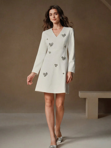 Anewsta V-Neck White Luxury French Style Rhinestone Heart Decor Long Sleeve A-Line Mini Dress, Fitted & Flattering, Short Cocktail Party Dress