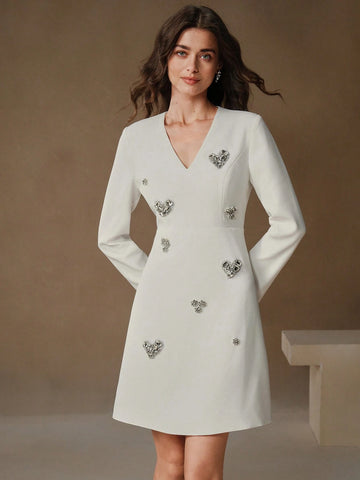 Anewsta V-Neck White Luxury French Style Rhinestone Heart Decor Long Sleeve A-Line Mini Dress, Fitted & Flattering, Short Cocktail Party Dress
