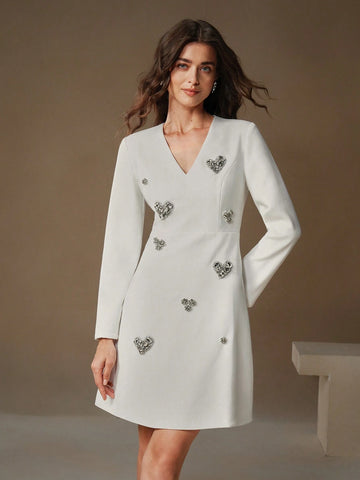 Anewsta V-Neck White Luxury French Style Rhinestone Heart Decor Long Sleeve A-Line Mini Dress, Fitted & Flattering, Short Cocktail Party Dress
