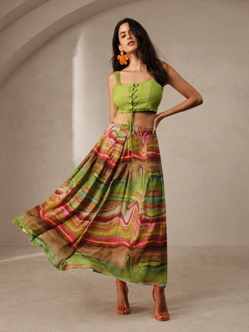 Anewsta Vacation Style Solid Color Drawstring Vest Top And Abstract Print Skirt Set
