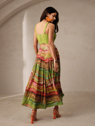 Anewsta Vacation Style Solid Color Drawstring Vest Top And Abstract Print Skirt Set