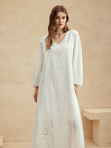 Anewsta Vacation & Leisure Hollow Out Floral Embroidery Women's White A-Line Maxi Skirt