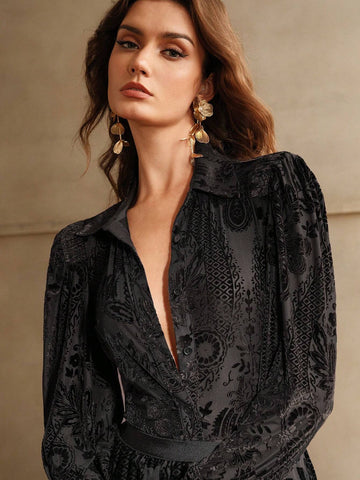 Anewsta Velvet Floral Embroidered Elegant Long Sleeve Shirt