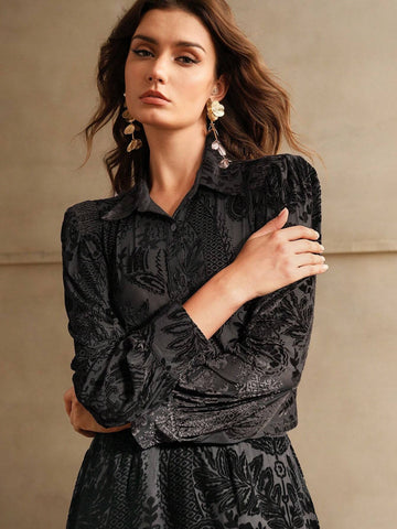 Anewsta Velvet Floral Embroidered Elegant Long Sleeve Shirt
