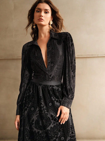 Anewsta Velvet Floral Embroidered Elegant Long Sleeve Shirt