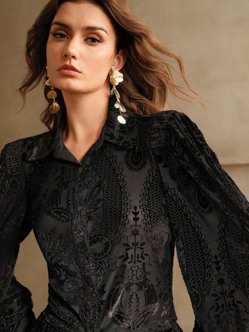 Anewsta Velvet Floral Embroidered Elegant Long Sleeve Shirt