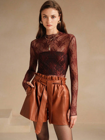 Anewsta Versatile Camel PU Leather Strap Elastic Waist Band Loose Shorts