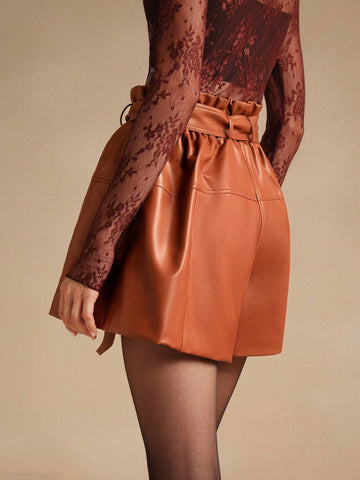 Anewsta Versatile Camel PU Leather Strap Elastic Waist Band Loose Shorts