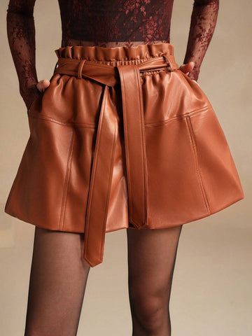 Anewsta Versatile Camel PU Leather Strap Elastic Waist Band Loose Shorts