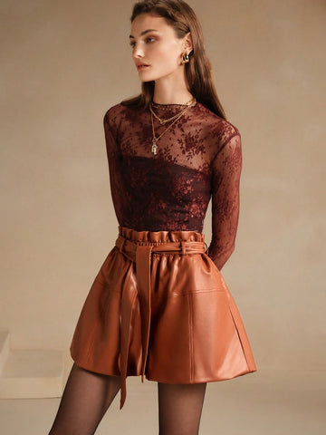 Anewsta Versatile Camel PU Leather Strap Elastic Waist Band Loose Shorts