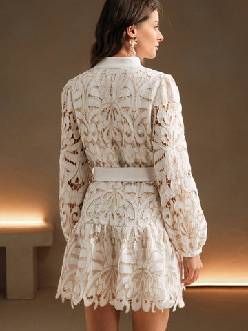 Anewsta Vintage Hollow-Out Lace Embroidered Women Dress, Spring & Autumn