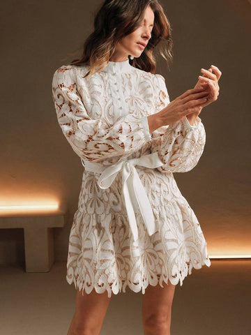 Anewsta Vintage Hollow-Out Lace Embroidered Women Dress, Spring & Autumn