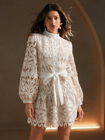 Anewsta Vintage Hollow-Out Lace Embroidered Women Dress, Spring & Autumn