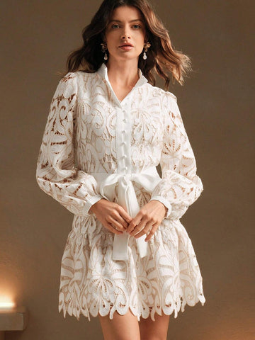 Anewsta Vintage Hollow-Out Lace Embroidered Women Dress, Spring & Autumn