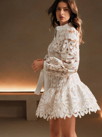 Anewsta Vintage Hollow-Out Lace Embroidered Women Dress, Spring & Autumn