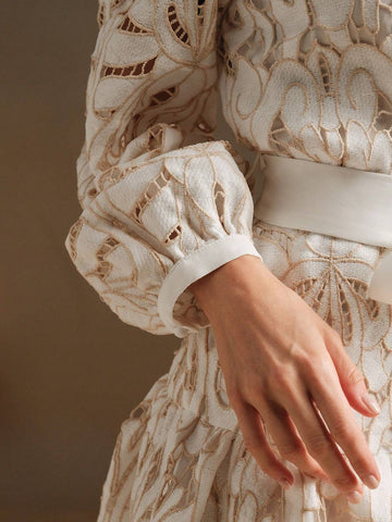 Anewsta Vintage Hollow-Out Lace Embroidered Women Dress, Spring & Autumn