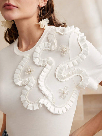 White 3D Floral Elastic Crew Neck Short Sleeve T-Shirt For Women Graphic Tees Women Tops