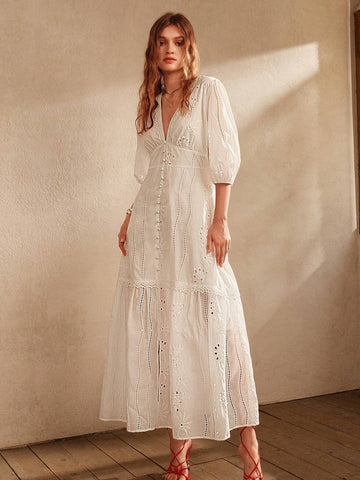 Anewsta White V-Neck Slit Lace Elegant Floor-Length Dress