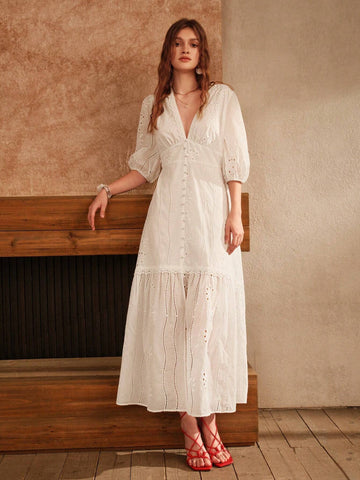 Anewsta White V-Neck Slit Lace Elegant Floor-Length Dress