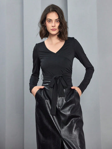 Anewsta Women'S Belted Long Sleeve Bodysuit