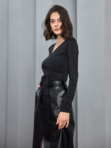 Anewsta Women'S Belted Long Sleeve Bodysuit