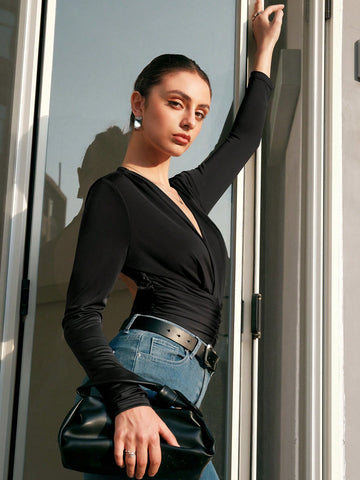 Anewsta Women'S Deep V-Neck Pleated Bodysuit