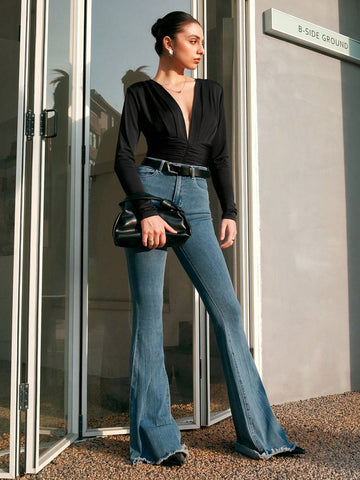 Anewsta Women'S Deep V-Neck Pleated Bodysuit