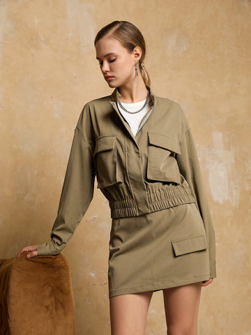 Anewsta Women'S Jacket & Utility Skirt Set With Flap Pocket, Elasticized Hem, And Zipper Front