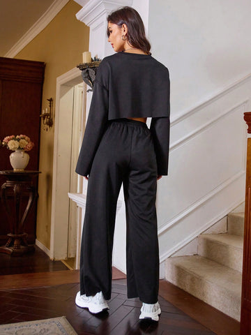 Anewsta Women'S Round Neck Drop Shoulder Long Sleeve Top And Pants Set