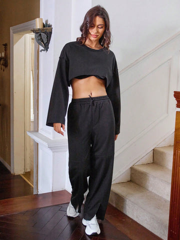 Anewsta Women'S Round Neck Drop Shoulder Long Sleeve Top And Pants Set