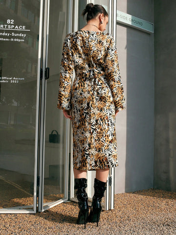 Anewsta Women'S V-Neck Lantern Sleeve Top Slit Skirt Leopard Print Two-Piece Set